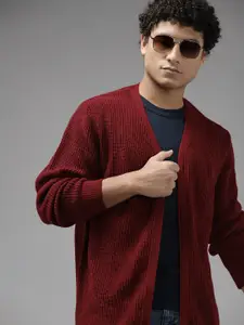 The Roadster Lifestyle Co. Men Maroon Self-Design Acrylic Front-Open Sweater