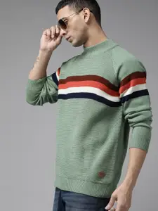 The Roadster Lifestyle Co. Men Sage Green & Red Striped Acrylic Raglan Sleeves Pullover