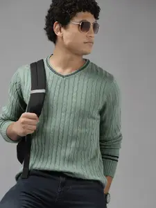 Roadster Men Green Cable Knit Acrylic Pullover