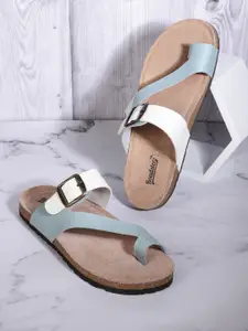 Roadster Women Blue & White Colourblocked One Toe Flats with Buckles