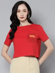 SASSAFRAS Women Red Typography Printed Pure Cotton Boxy T-shirt