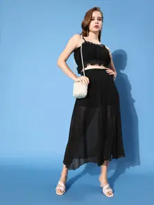 ANVI Be Yourself Women Black Self-Design Sheer A-Line Midi Skirt