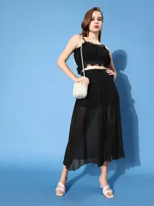 ANVI Be Yourself Women Black Self-Design Sheer A-Line Midi Skirt