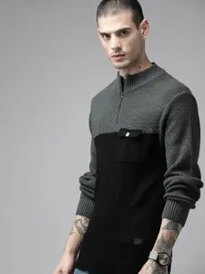 The Roadster Lifestyle Co. Men Grey & Black Colourblocked Pullover With Pocket Detail