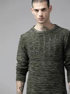 The Roadster Lifestyle Co. Men Olive Green Cable Knit Acrylic Pullover