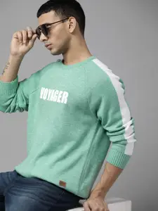 The Roadster Lifestyle Co. Men Green Typography Printed Acrylic Raglan Sleeves Pullover