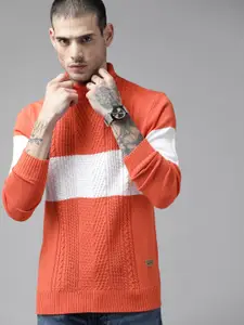 The Roadster Lifestyle Co. Men Red & White Striped Acrylic Turtle Neck Pullover
