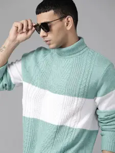 The Roadster Lifestyle Co. Men Green & White Acrylic Cable Knit Pullover