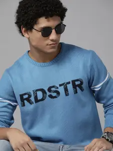 Roadster Men Blue & Black Acrylic Typography Printed Pullover