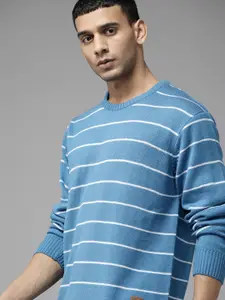 Roadster Men Blue & White Acrylic Striped Pullover