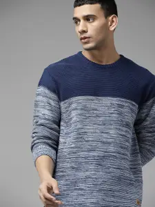 The Roadster Lifestyle Co. Men Navy Blue Striped Acrylic Pullover