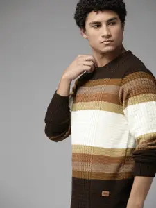 The Roadster Lifestyle Co. Men Brown & Cream-Coloured Striped Acrylic Pullover