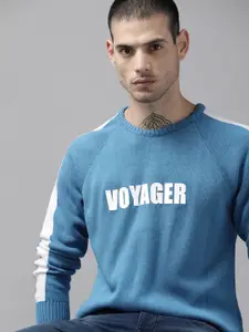 Roadster Men Blue & White Acrylic Typography Printed Pullover