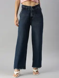 SHOWOFF Women Blue Wide Leg High-Rise Low Distress Light Fade Jeans
