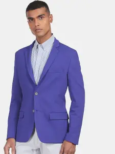 AD By Arvind Men Blue Solid Textured Slim Fit Formal Blazers