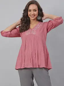 Janasya Women Pink Cotton Embroidered Fit and Flared Top