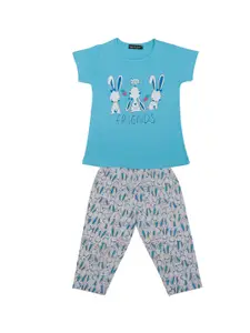Todd N Teen Girls Blue & Grey Printed Pure Cotton Night suit