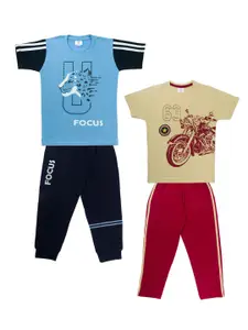 Todd N Teen Pack Of 2 Boys Blue & Beige Printed Cotton T-shirt with Trousers