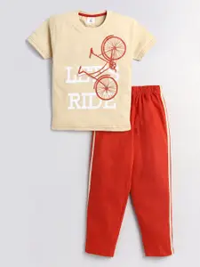 Todd N Teen Boys Brown & Rust Printed Cotton T-shirt with Trousers