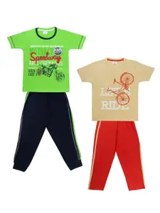 Todd N Teen Boys Green & Brown Set Of 2 Printed Cotton T-shirt with Trousers
