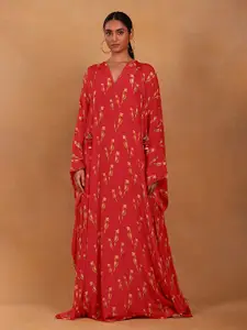 Masaba Red Floral Crepe A-Line Midi Dress