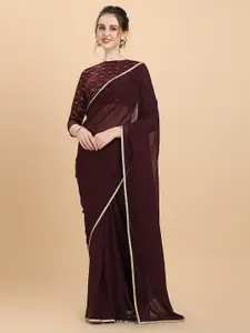 Inddus Women Wine Embroidered Georgette Saree with Net Blouse Piece