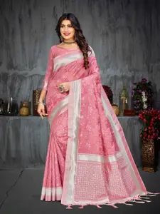 Inddus Women Pink Floral Woven Design Saree with Blouse Piece