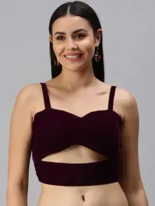 flaher Women Burgundy Velvet Readymade Padded Blouse with Cut Out Detail