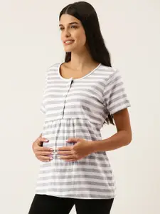 Nejo Women Grey Melange & White Striped Pure Cotton A-Line Maternity Top