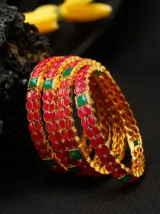 Shining Diva Set Of 4 Gold-Plated Pink & Green Stone-Studded Bangles