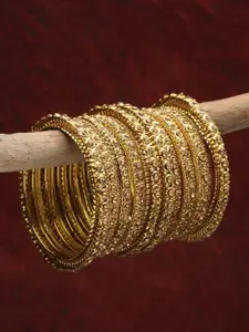 Shining Diva Set Of 15 Gold-Plated Gold-Colored Stone Studded Antique Bangle