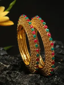 Shining Diva Set Of 2 Gold-Plated Green & Red Stones-Studded & Beaded Bangles