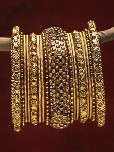 Shining Diva Set Of 17 Gold-Plated Gold Toned Crystal Studded Antique Bangles