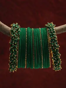 Shining Diva Set Of 23 Gold-Plated Green & Beaded Antique Bangles
