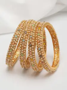 Shining Diva Set Of 4 Gold-Plated White, Yellow & Green Pearl Studded Bangles