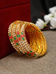 Shining Diva Set Of 4 Gold-Plated Green & Red Stone-Studded Bangles