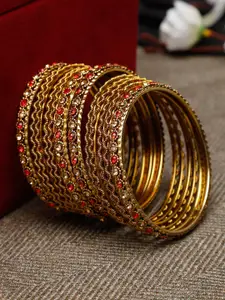 Shining Diva Set Of 12 Gold-Plated Red Crystal-Studded Bangles