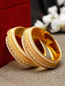 Shining Diva Set Of 2 Gold-Plated White Pearl Studded & Beaded Bangles