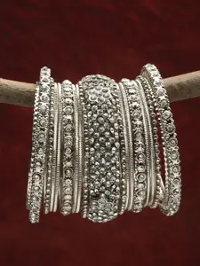 Shining Diva Set Of 17 Silver-Plated & Crystal-Studded Bangles