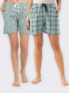 Kanvin Women Sea Green & Blue 2 Printed Lounge Shorts