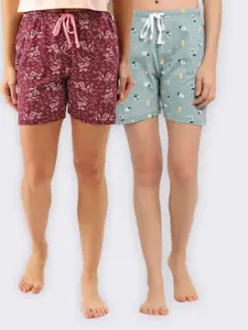 Kanvin Women Set Of 2 Maroon & Sea Green Printed Lounge Shorts