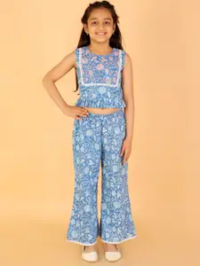 LIL DRAMA Girls Blue & Blue Printed Top with Trousers