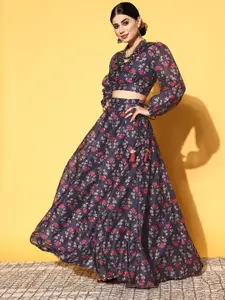 Shae by SASSAFRAS Navy Blue Printed Ready to Wear Lehenga Choli