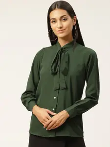 IQRAAR Green Tie-Up Neck Shirt Style Top