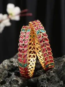 YouBella Set Of 2 Gold-Plated Red & Green Stone Studded Bangle