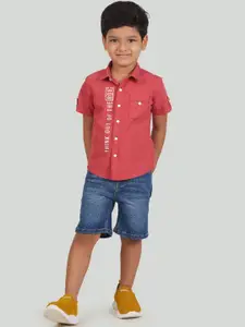 Zalio Boys Red & Blue Printed Pure Cotton Shirt with Shorts