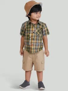 Zalio Boys Green & Brown Checked Shirt with Shorts & Hat