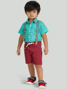 Zalio Boys Green & Red Printed Pure Cotton Shirt with Shorts