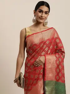 Saree Swarg Red & Green Ethnic Motifs Woven Design Banarasi Sarees