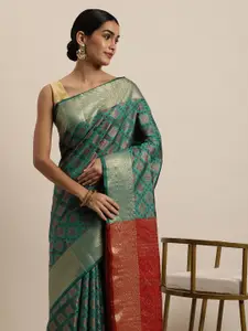 Saree Swarg Teal Green & Red Woven Design Woven Design Banarasi Sarees